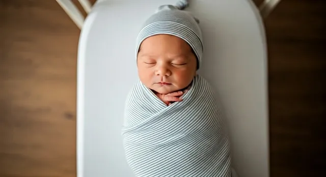A sleeping newborn swaddled in a gray and white striped wrap and matching knit cap, seen from above
