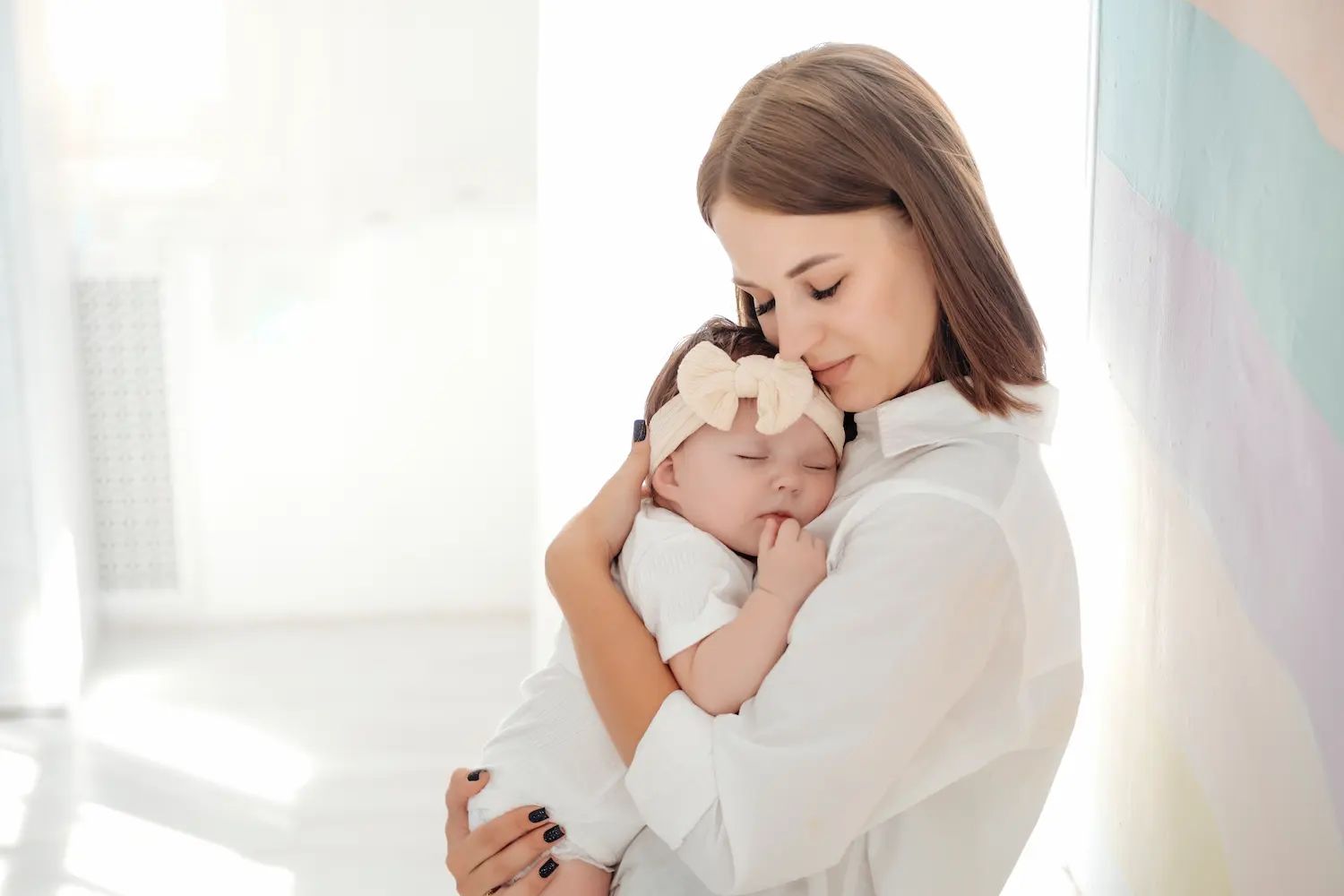 newborn care specialist Puts Baby Sleep By Rocking Him Mom Holds Baby Her Arms Gently Hugging Kissing Him Mother Child Healthy Sleep Child With M