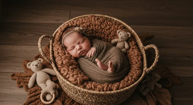 A sleeping newborn swaddled in a woven basket with knitted teddy bears